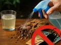 Vinagre para eliminar termitas. Un spray rocía un trozo de madera infestado de termitas, junto a un vaso con líquido.