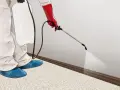 Persona con traje protector y guantes rojos rocía insecticida en la base de una pared para combatir plagas de pulgas.