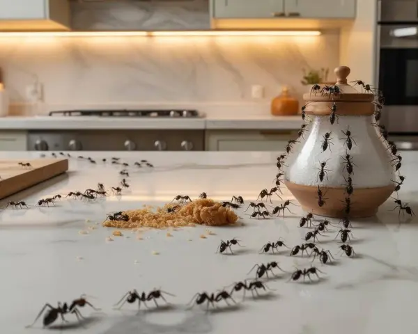 Un ejército de hormigas diminutas invade una cocina, rodeando un azucarero y un montón de azúcar moreno.