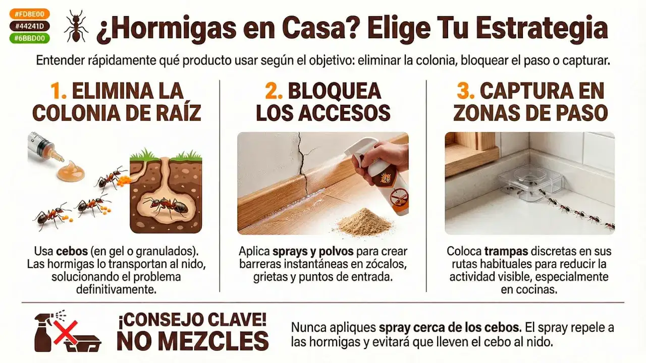 Estrategias para combatir hormigas en casa: cebos para eliminar la colonia, sprays para bloquear accesos y trampas en zonas de paso. ¡No mezcles!