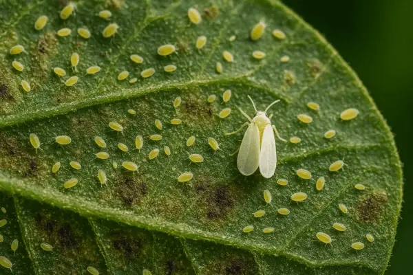 Una mosca blanca adulta y muchas ninfas cubren una hoja verde. Aprende cómo eliminar la mosca blanca de las plantas para proteger tu jardín.