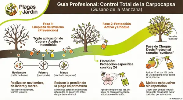 Guía para controlar la carpocapsa (gusano de la manzana) con tratamientos preventivos en invierno y protección activa en floración.