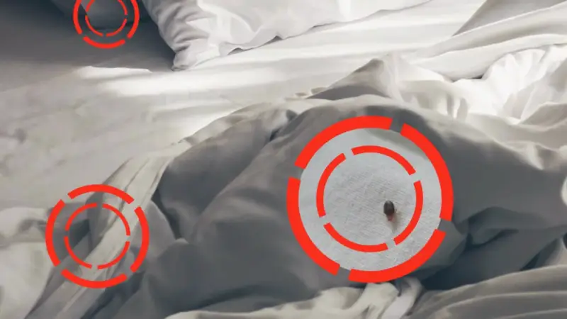 Una chinche en la cama, señalada con círculos rojos. Aprende cómo quitar las chinches de la cama para un descanso seguro.